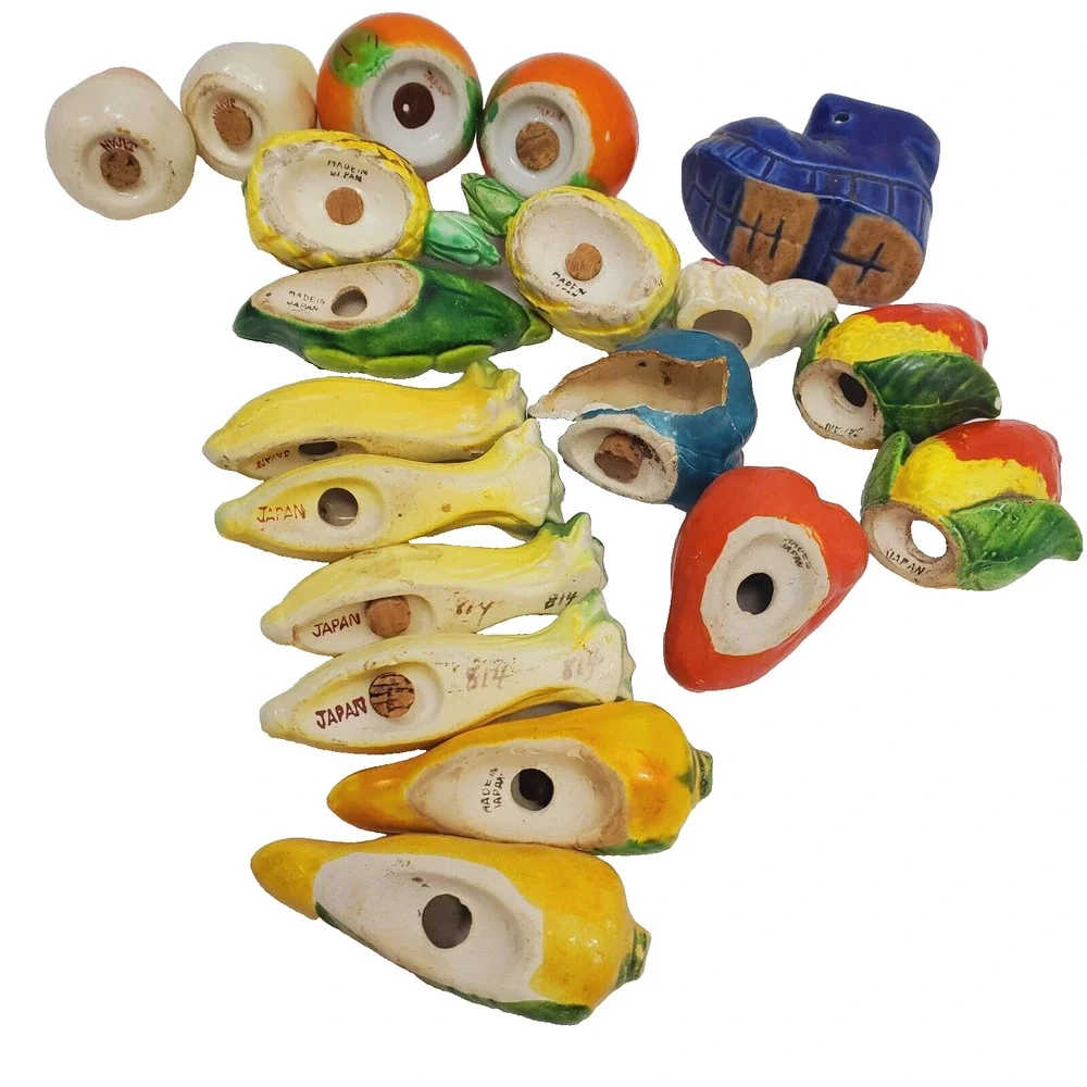 Vintage Vegetable Fruit Salt & Pepper Shakers Made in Japan Set Of 8 Cork Bottom
